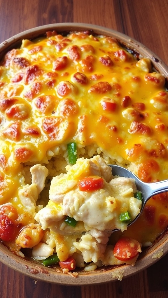 A golden brown chicken and rice casserole with melted cheese and vegetables in a rustic dish.